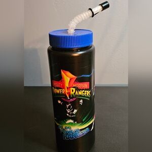 1994 vintage Mighty Morphin Power Rangers water bottle w/ straw and blue lid.